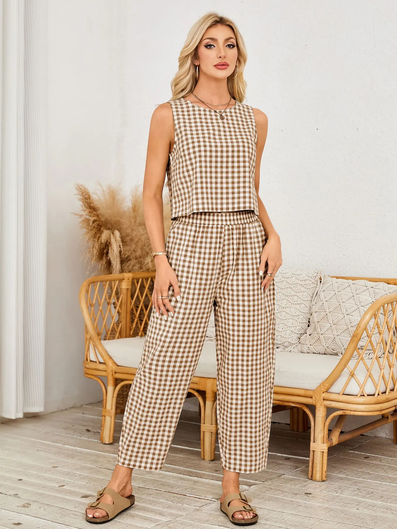 Women's Gingham Sleeveless Tank Top & Barrel Pants Set (BUY 2 FREE SHIPPING)