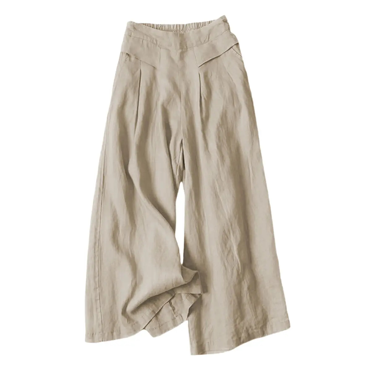 Women's Cotton Linen Culottes Pants Elastic Waist Wide Leg Palazzo Trousers