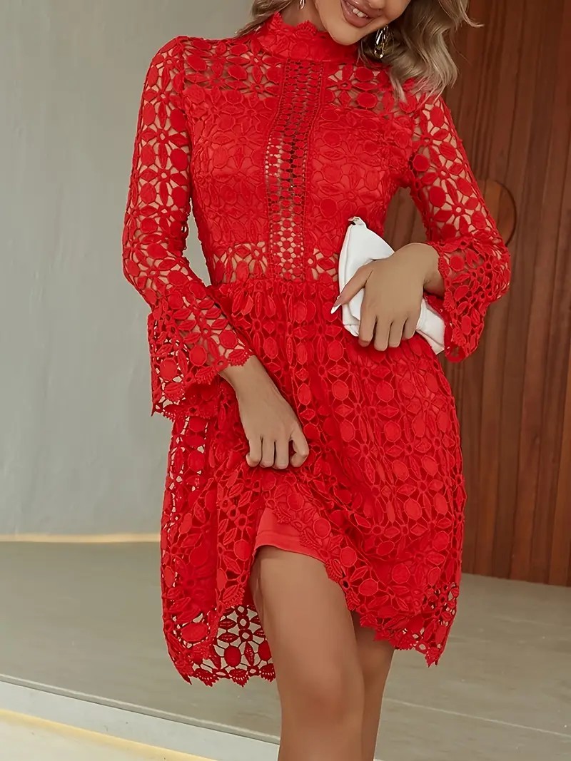 Women's Stand Collar Lace Hollow-Out Floral Pattern Dress
