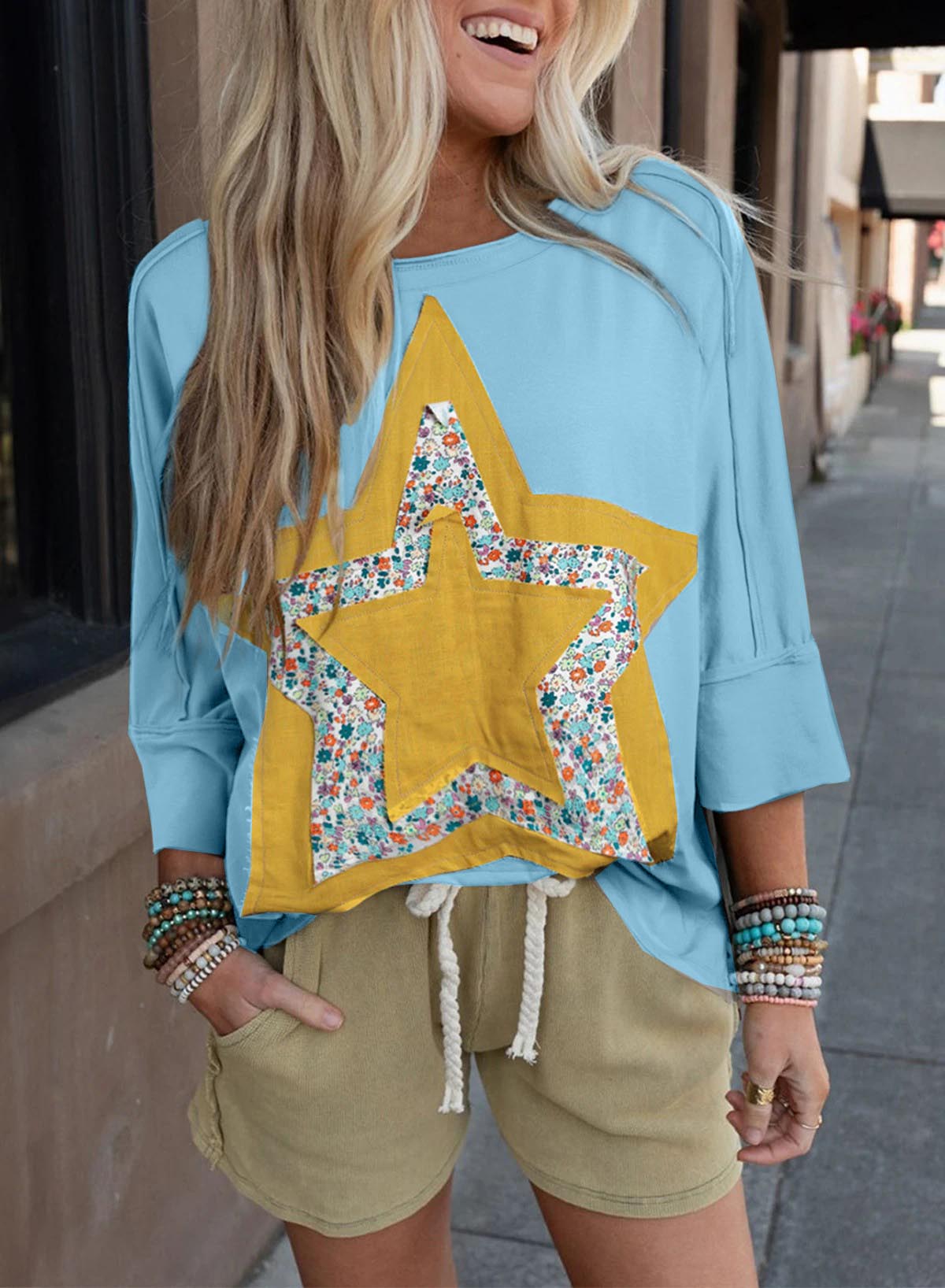 Floral Star Patched Exposed Seam 3/4 Sleeve Top