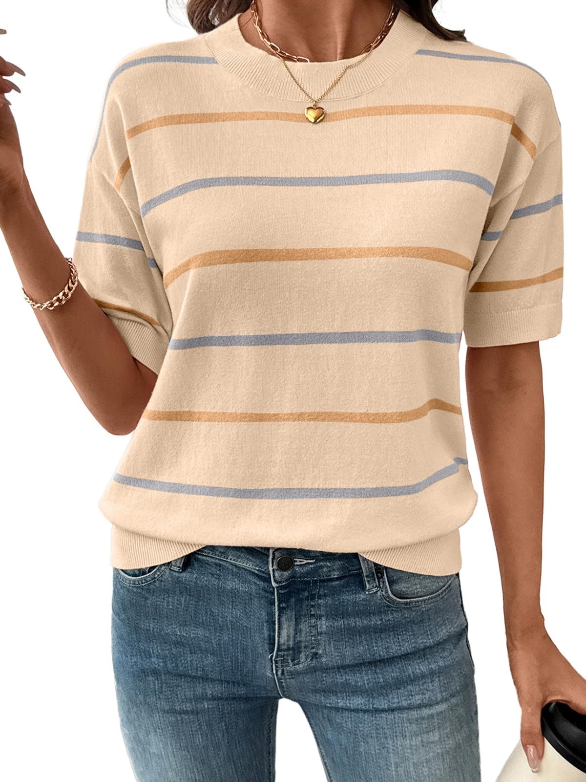 Women's Knitted Striped Crewneck Short Sleeve Sweater