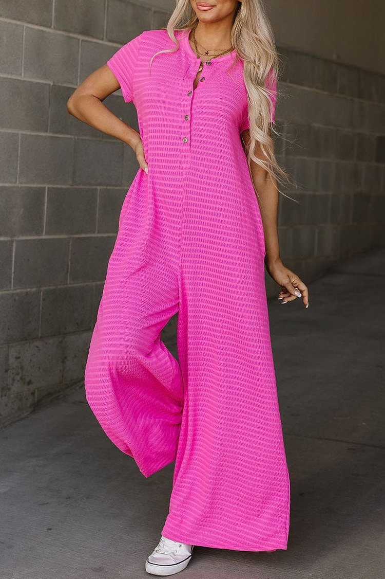 Short Sleeve Button-front Textured Jumpsuit