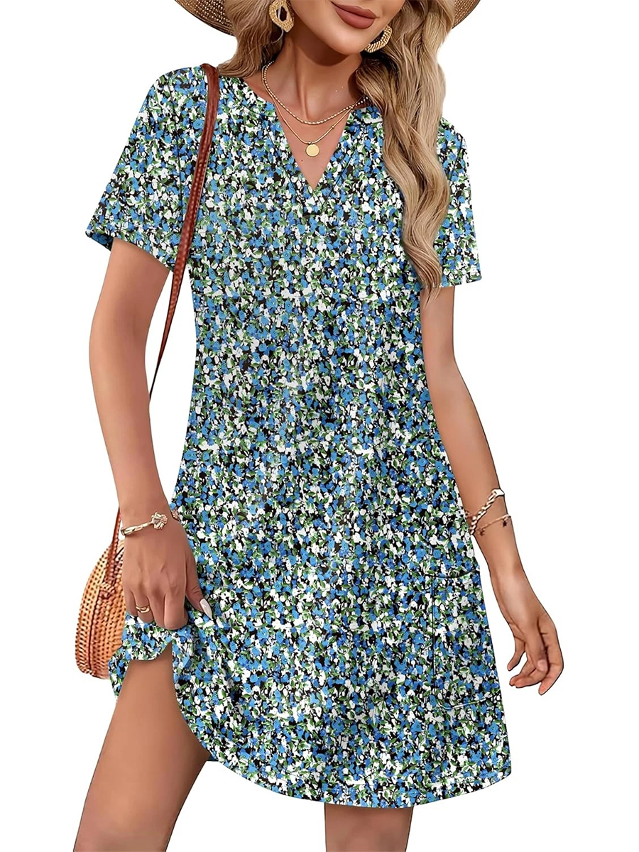 Women's Casual Printed V Neck Short Sleeve Pocket Midi Dress