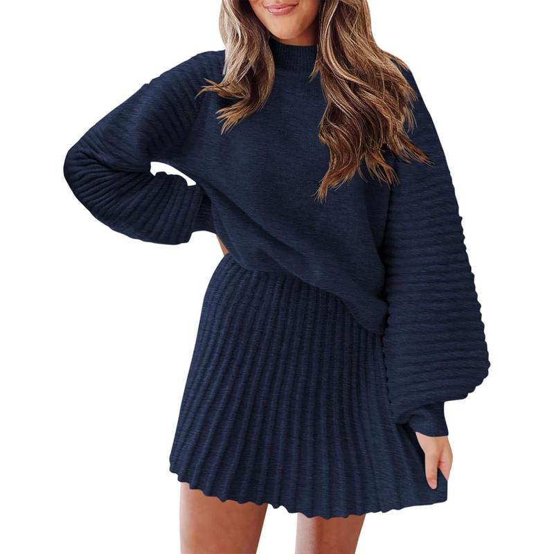 Women's 2 Piece Outfits Long Sleeve Mock Neck Ribbed Sweaters And Mini Skirt Two Piece Sets