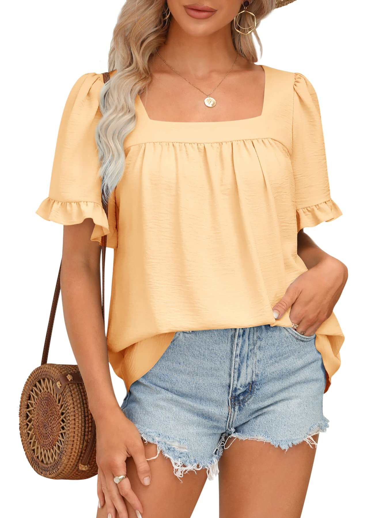Women's Sqaure Neck Ruffle Sleeve Blouses Peplum Tops