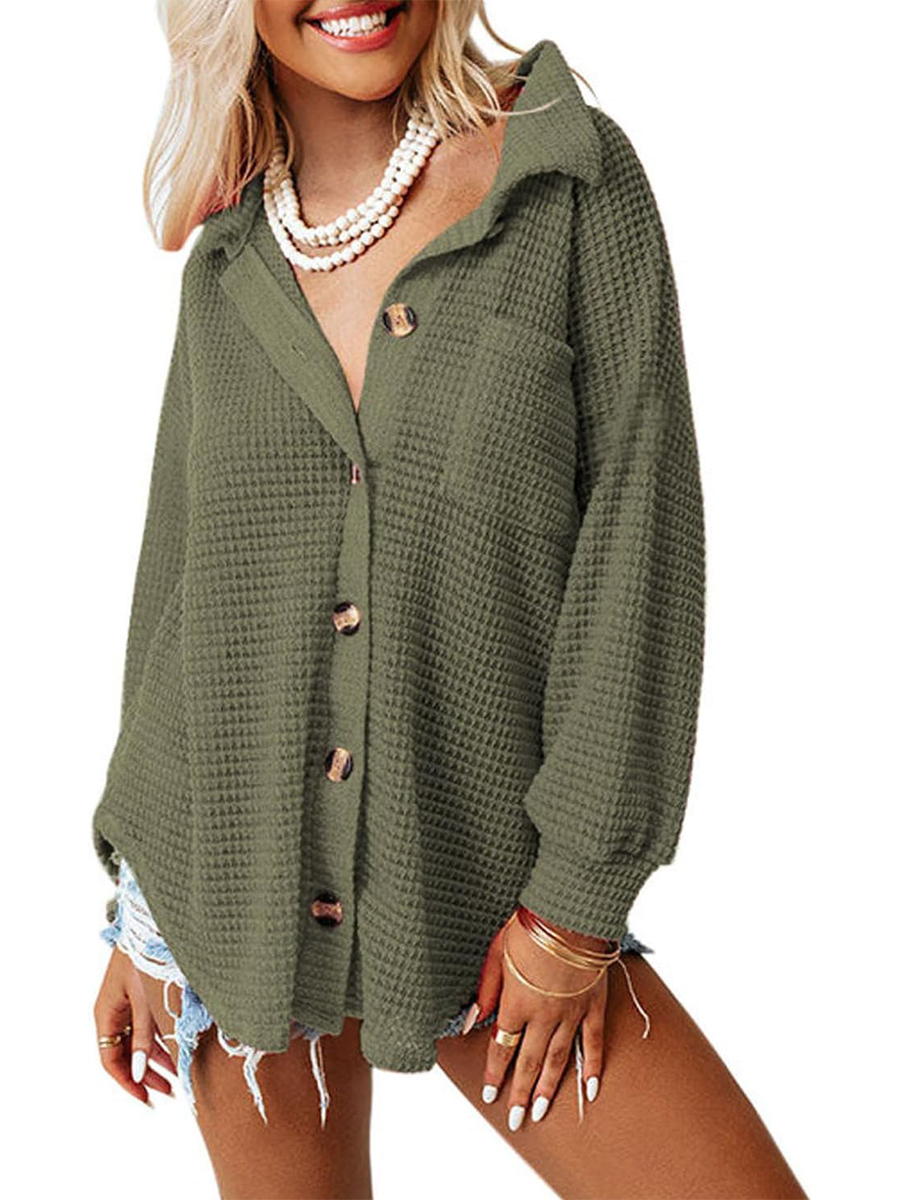Women's Waffle Knit Casual Button Down Shirts Jacket