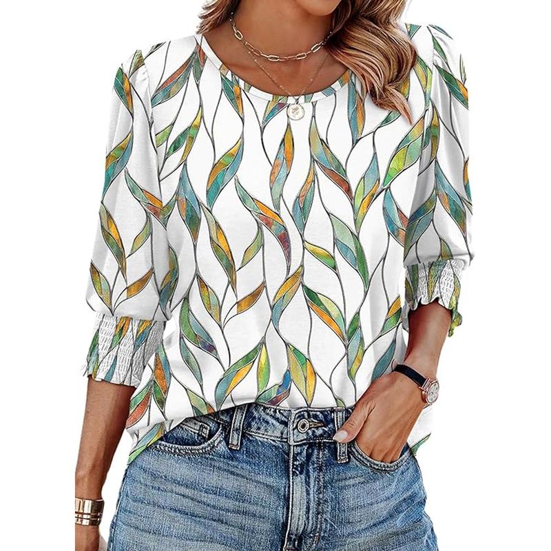 Women Dressy Casual 3/4 Length Sleeve Womens Tops with Smocked Cuffs