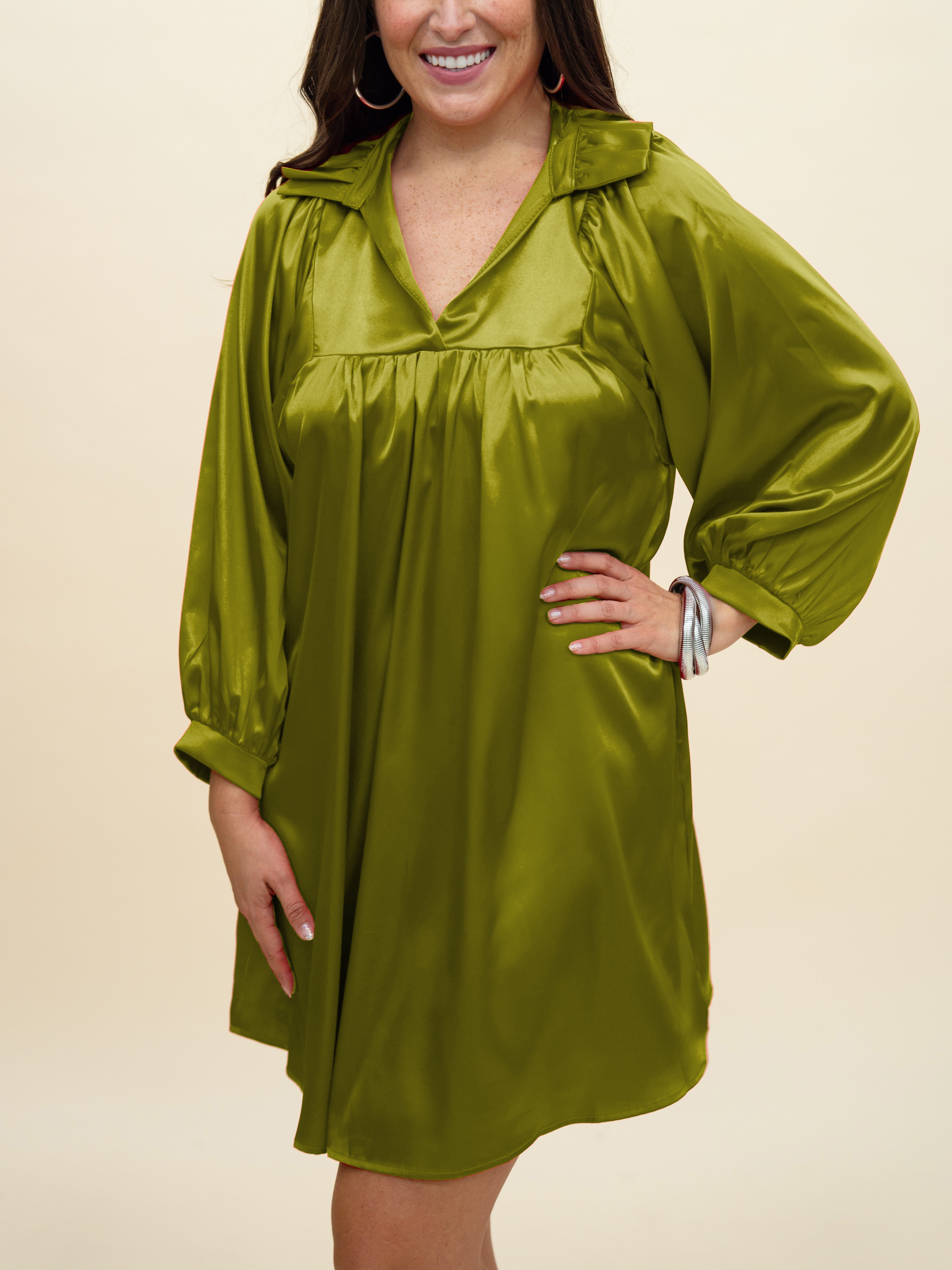 HOT SALE Satin High Ruffle Collar Puff Sleeve Dress