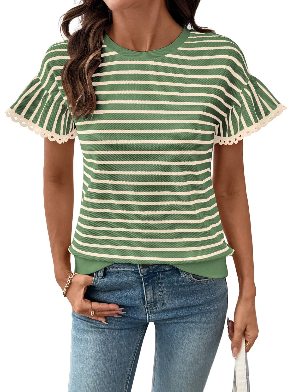 Women's Knit Striped Color Block Ruffled Short Sleeve Top