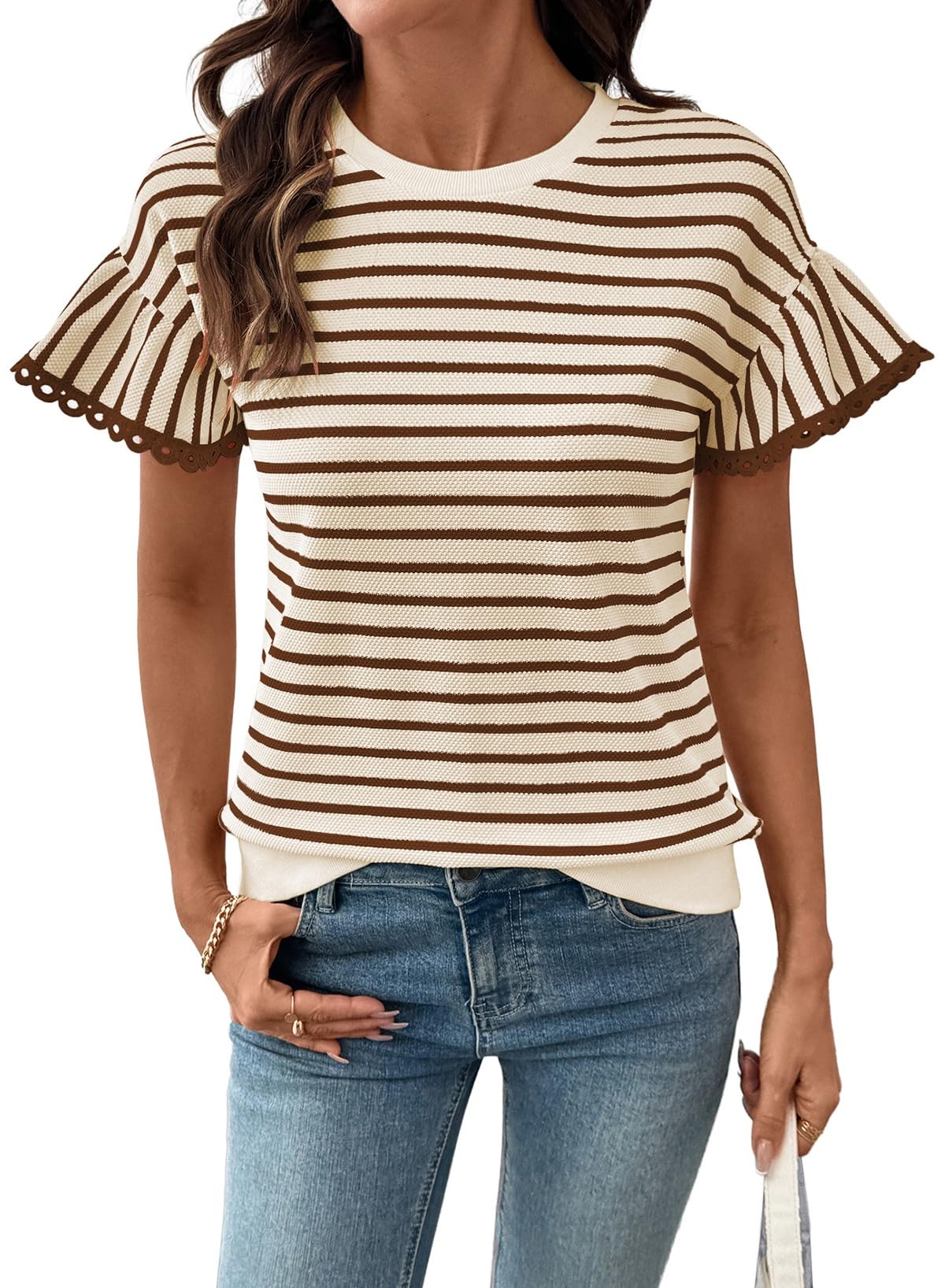Women's Knit Striped Color Block Ruffled Short Sleeve Top