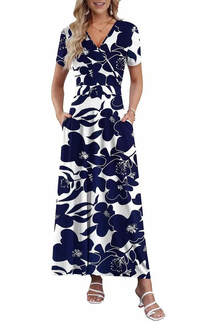 Women's V Neck Floral Print Beach Long Flowy Dress with Pockets