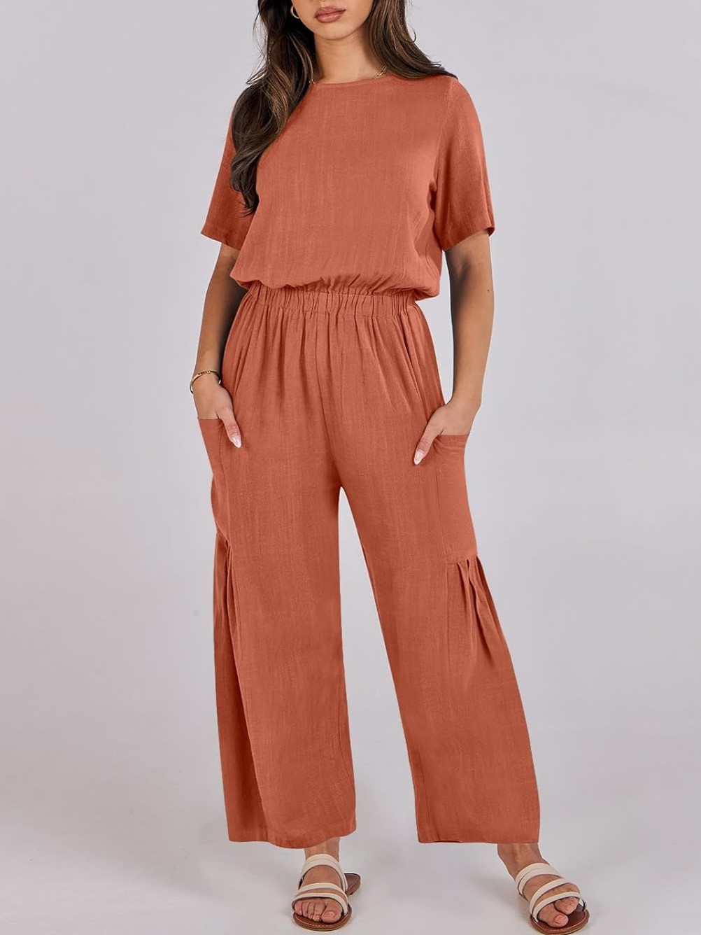 Short Sleeve Wide Leg Pants Linen Romper With Pockets