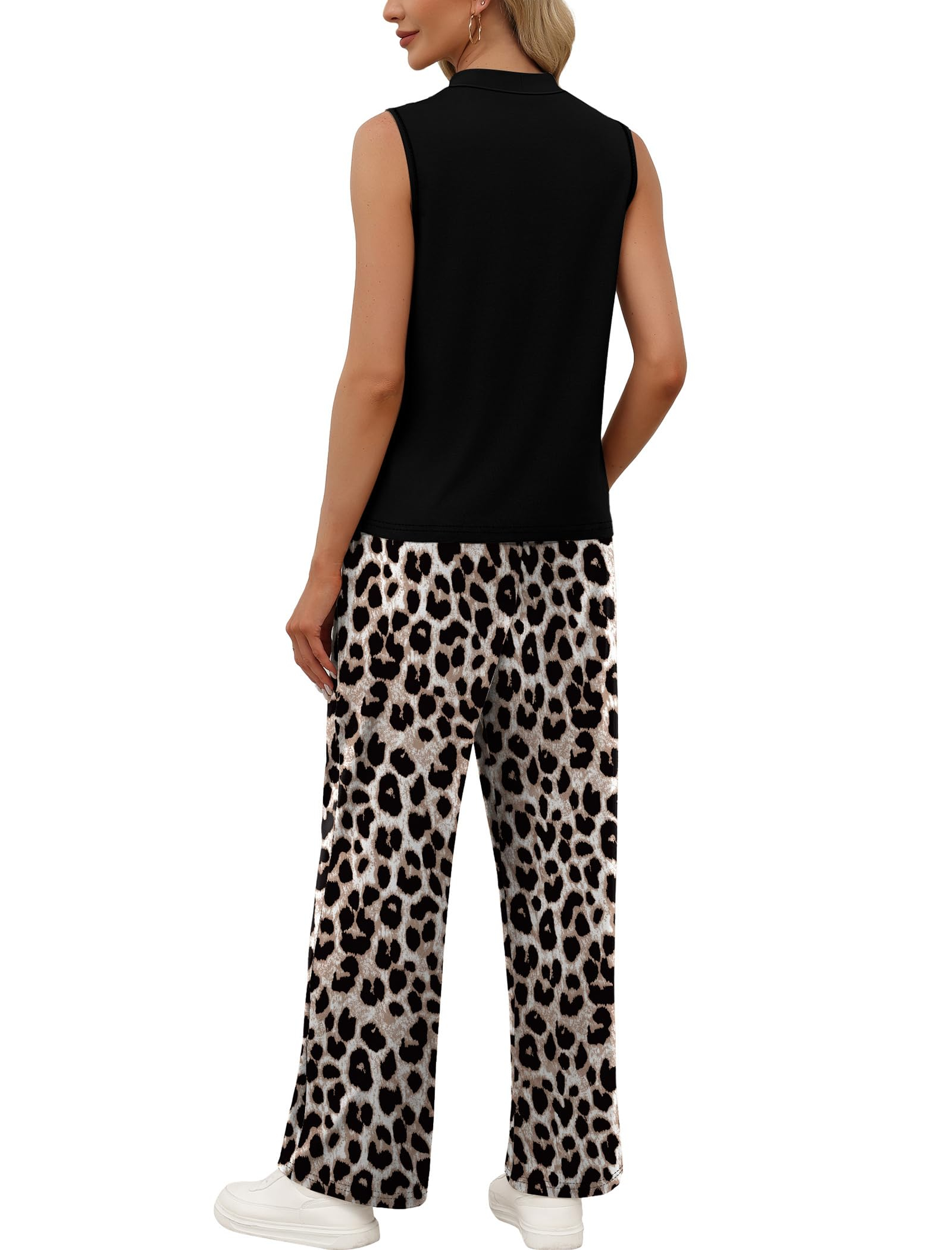 Women Summer Spring Outfits Mock Neck Wide Leg Pants Two Piece Set