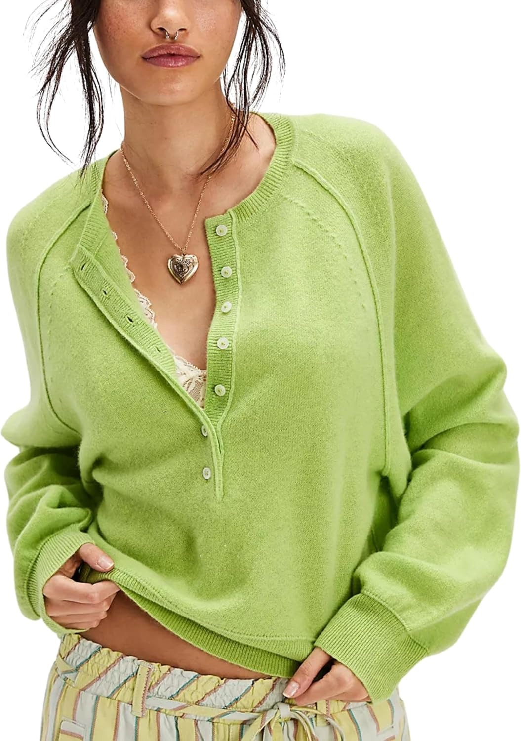 Women's Casual Henley Neck Long Sleeve Knit Button Sweater