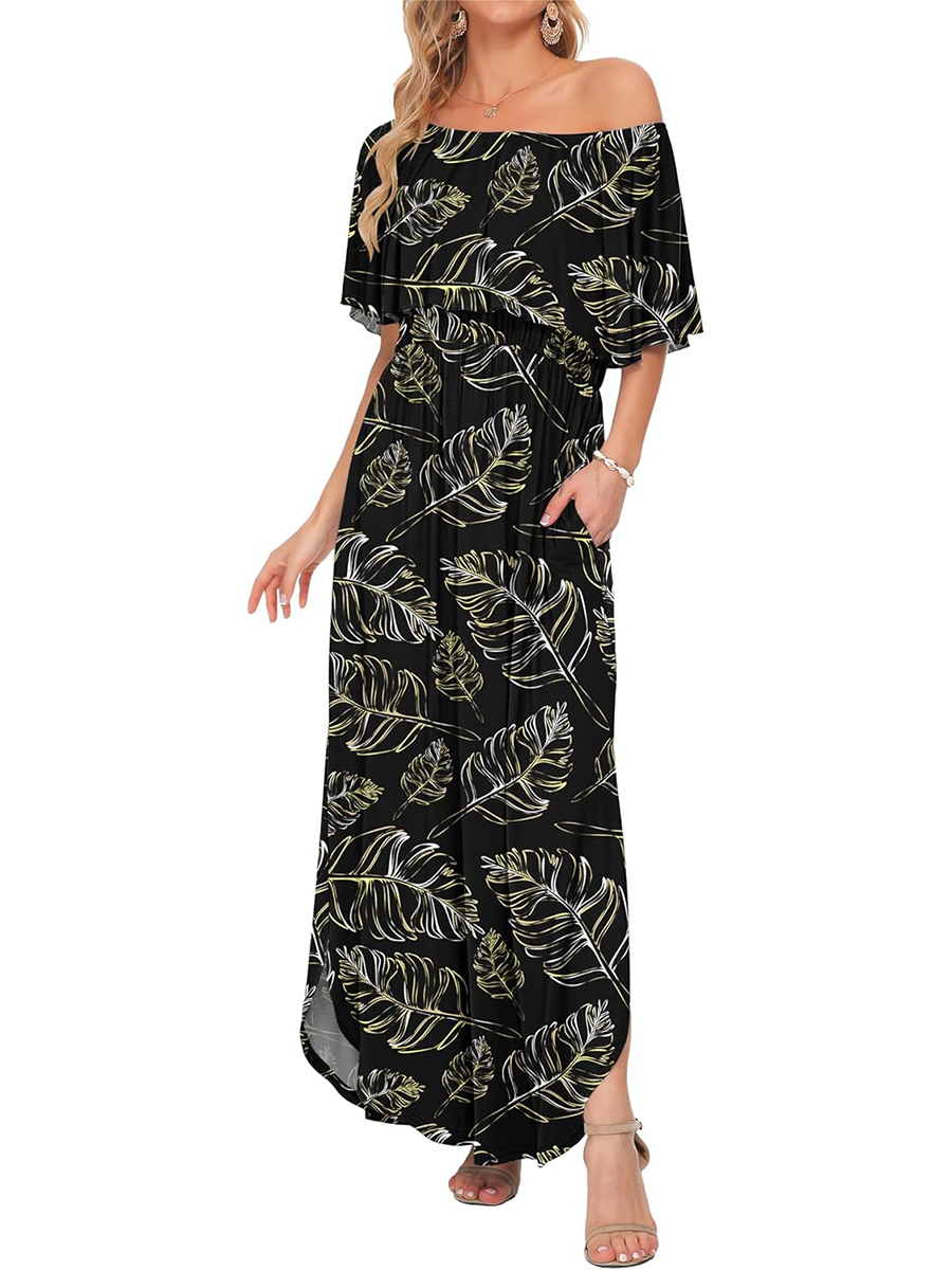 Women's Summer Casual Off Shoulder Ruffle Side Split Maxi Dresses with Pockets