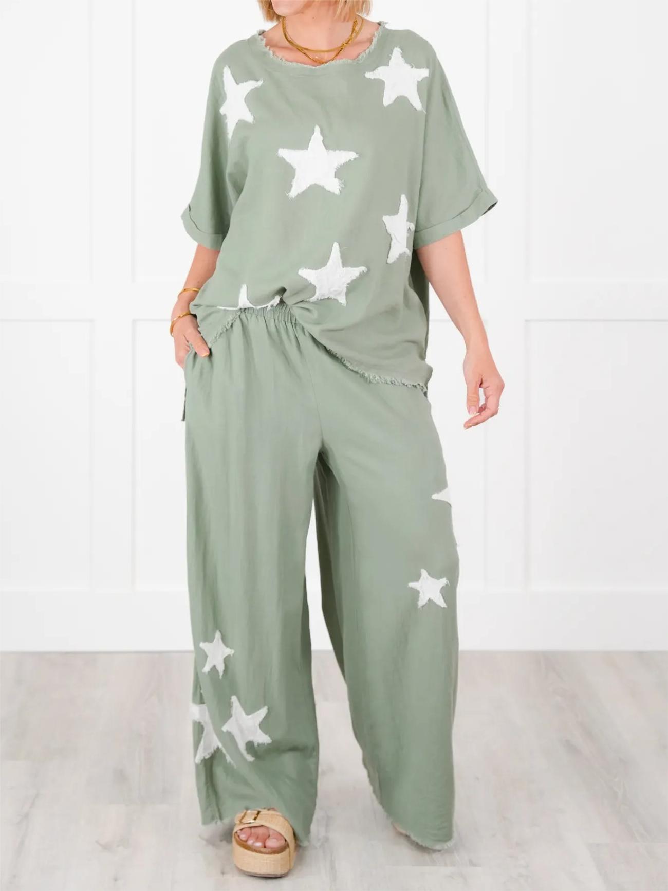 Women's Short Sleeve Top And Wide Leg Pant Set With Star Patch Detail(50% OFF🔥)
