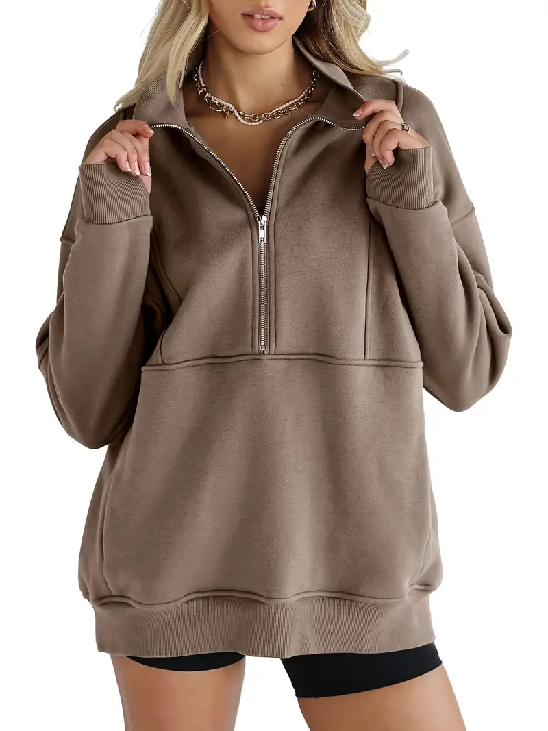  Solid color half-zip pullover sweatshirt