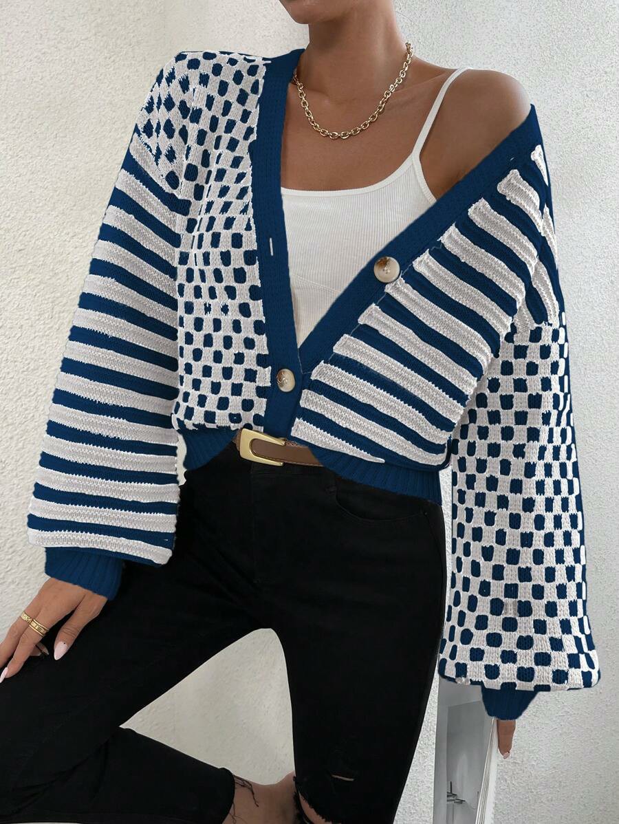 Women's Checker Plaid Striped Pattern Button Up V Neck Cardigan