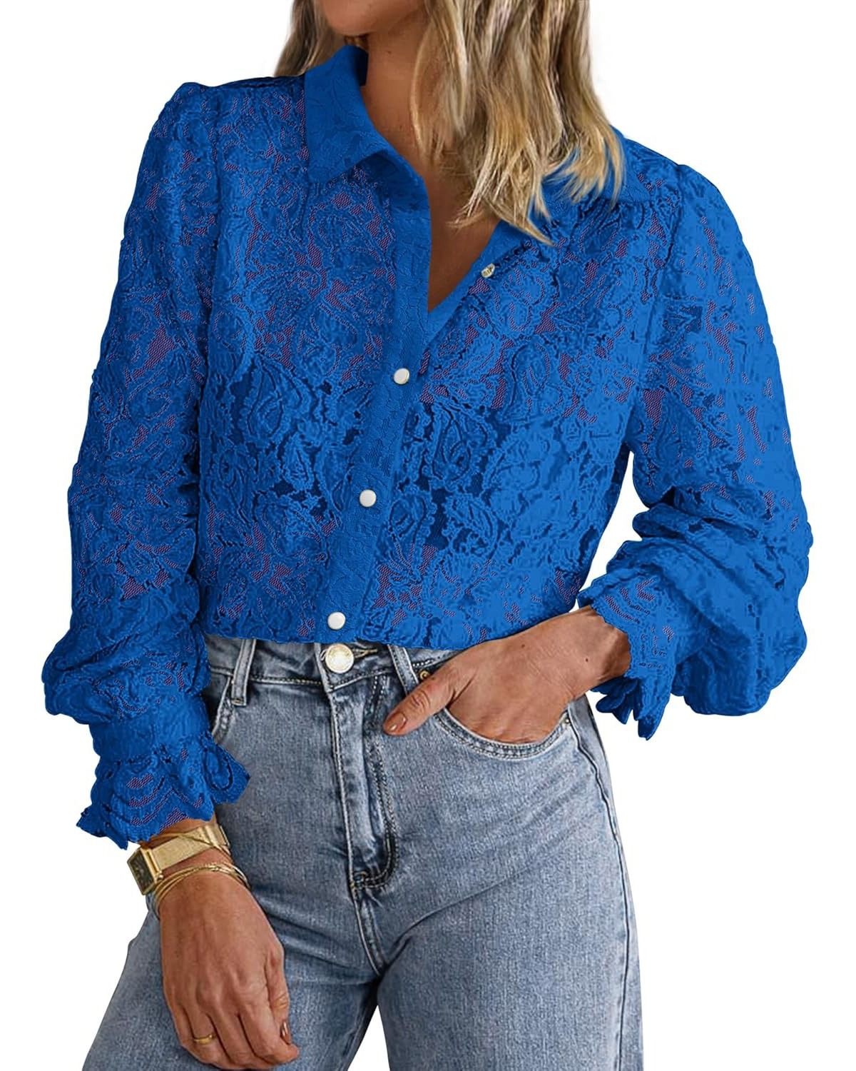 Women's Casual Dressy Lace Button Down Long Sleeve Shirts