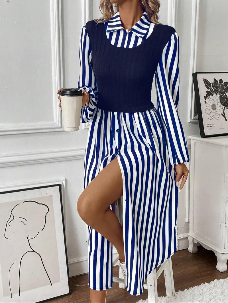 HOT SALE Women's Long Sleeve Striped Button Front Shirt Dress