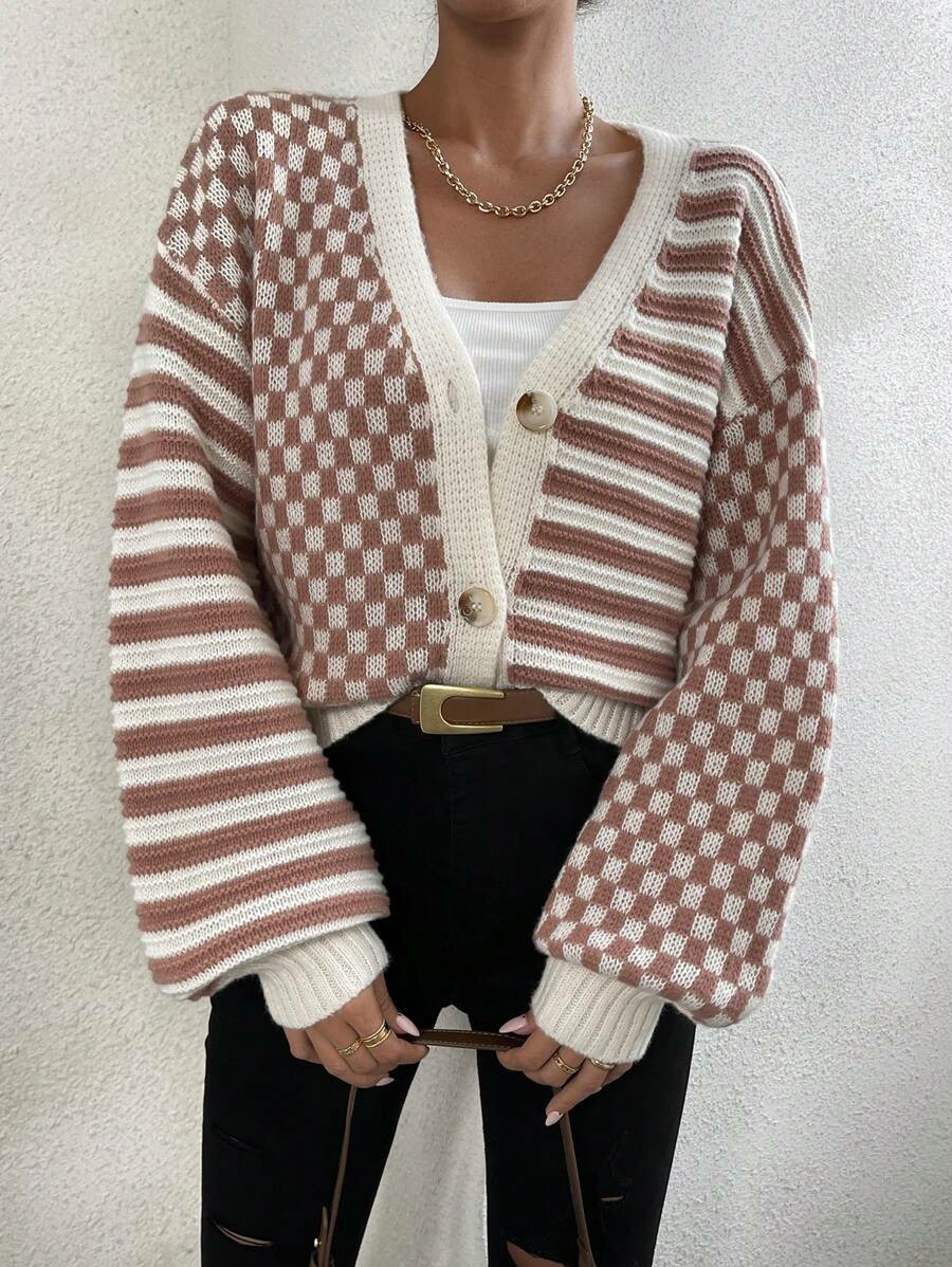 Women's Checker Plaid Striped Pattern Button Up V Neck Cardigan