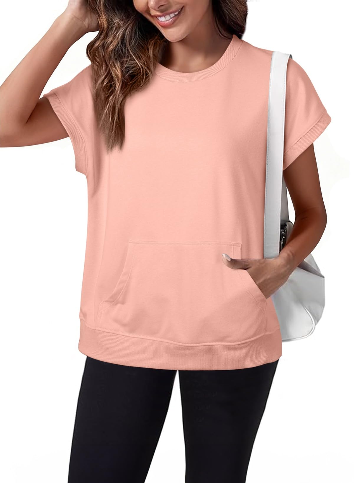 Women's Casual Round Neck Loose Fit Top with Kangaroo Pocket