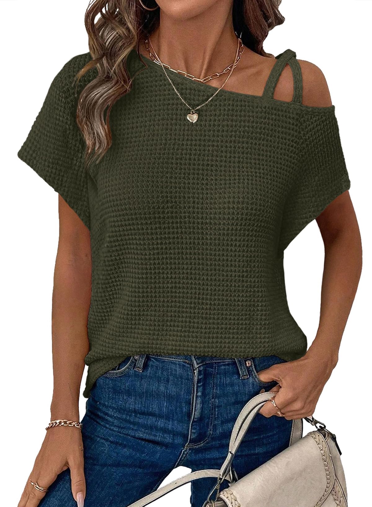 Womens Summer Tops Off One Shoulder Waffle Knit Short Sleeve T-Shirts