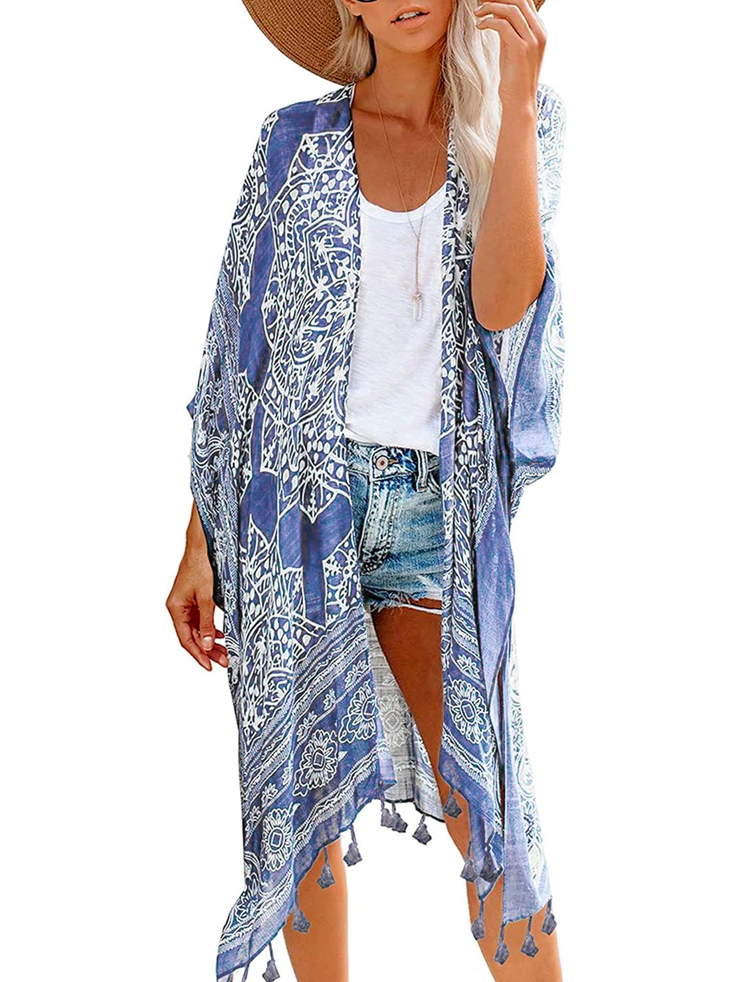 Women's Printed Slits Tassel Cardigan Kimonos Swimsuit Cover-Up