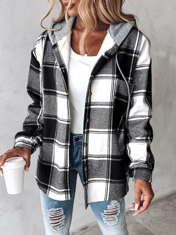 Women's Plaid Button Down Fleece Lined Hooded Jackets Warm Coat