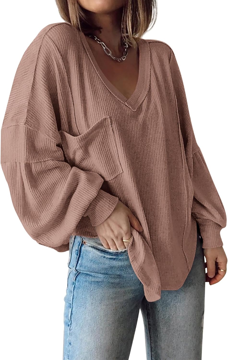 Women's Casual V Neck Loose Lantern Long Sleeve Pullover Tops 