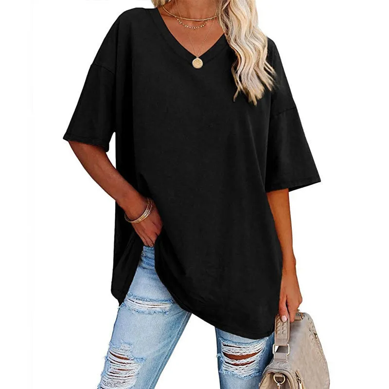 Women's Solid Colour Loose Short Sleeve V-Neck Top (Buy 3 Free Shipping)