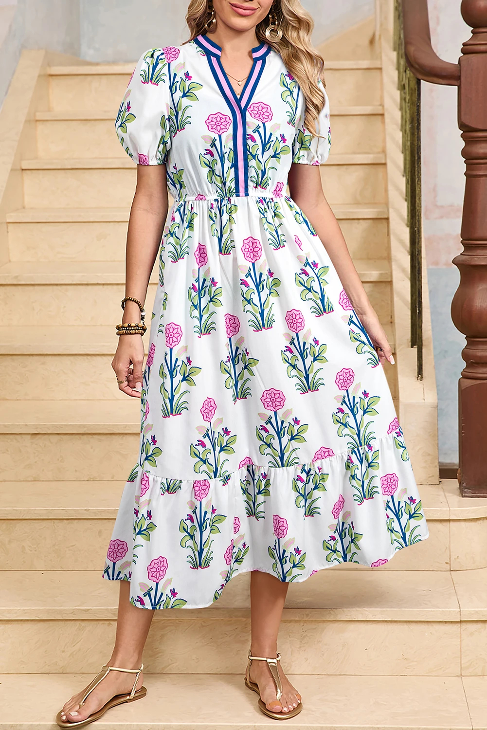 HOT SALE Women's Summer Floral V-Neck Ruffle Hem Midi Dress