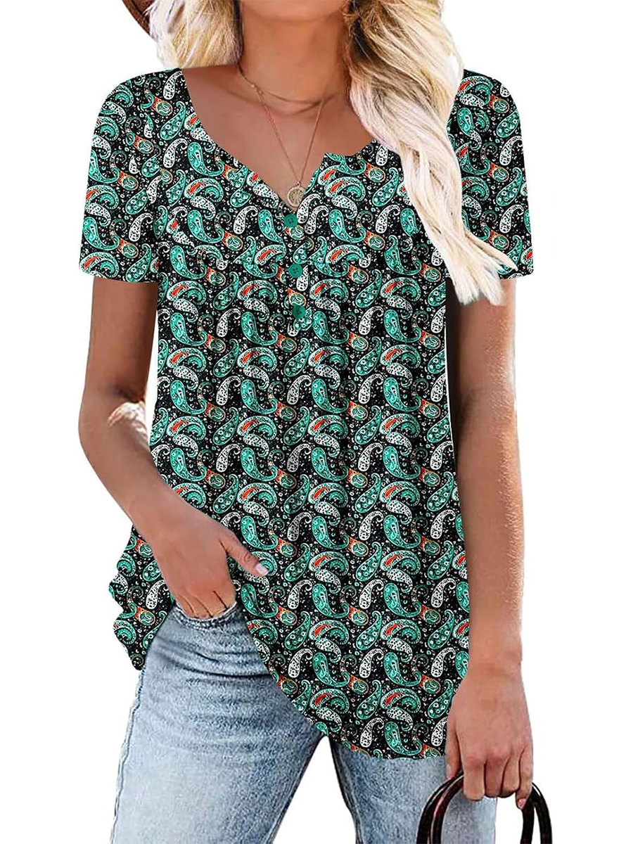 Women's Printed Botton Down Pleated Short Sleeve Shirts Tunic Tops