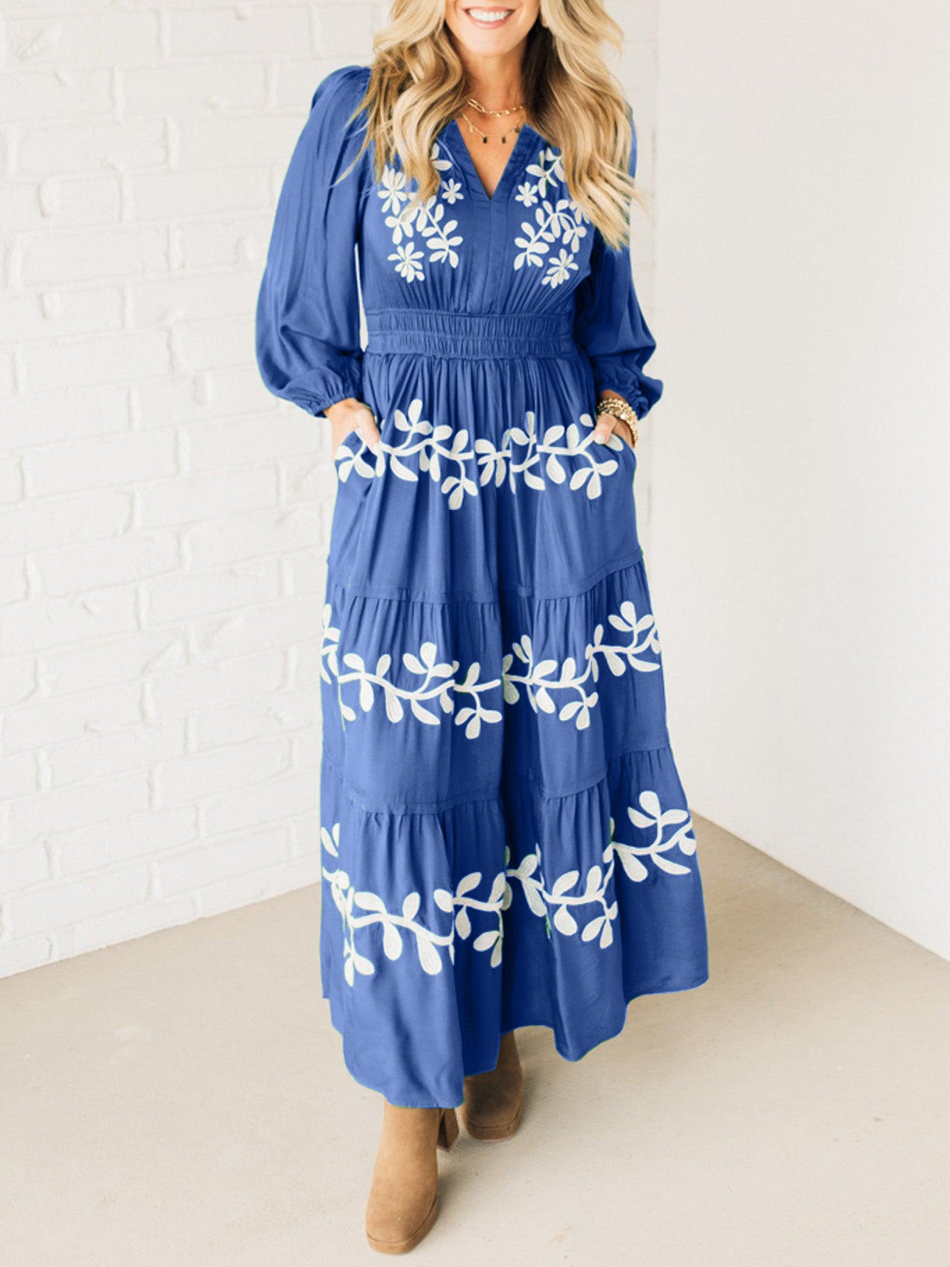 V Neck Long Sleeve Embroidered Tiered Maxi Dress