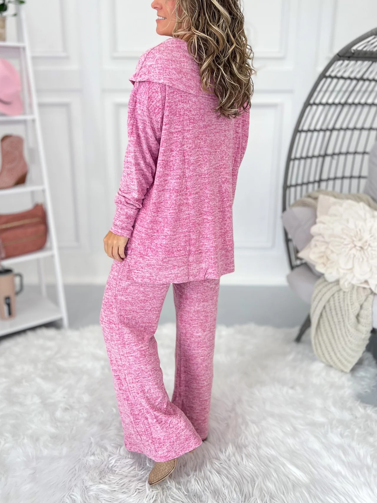 Women's Soft Knit Fold Boat Neck Top and Pants Lounge Set