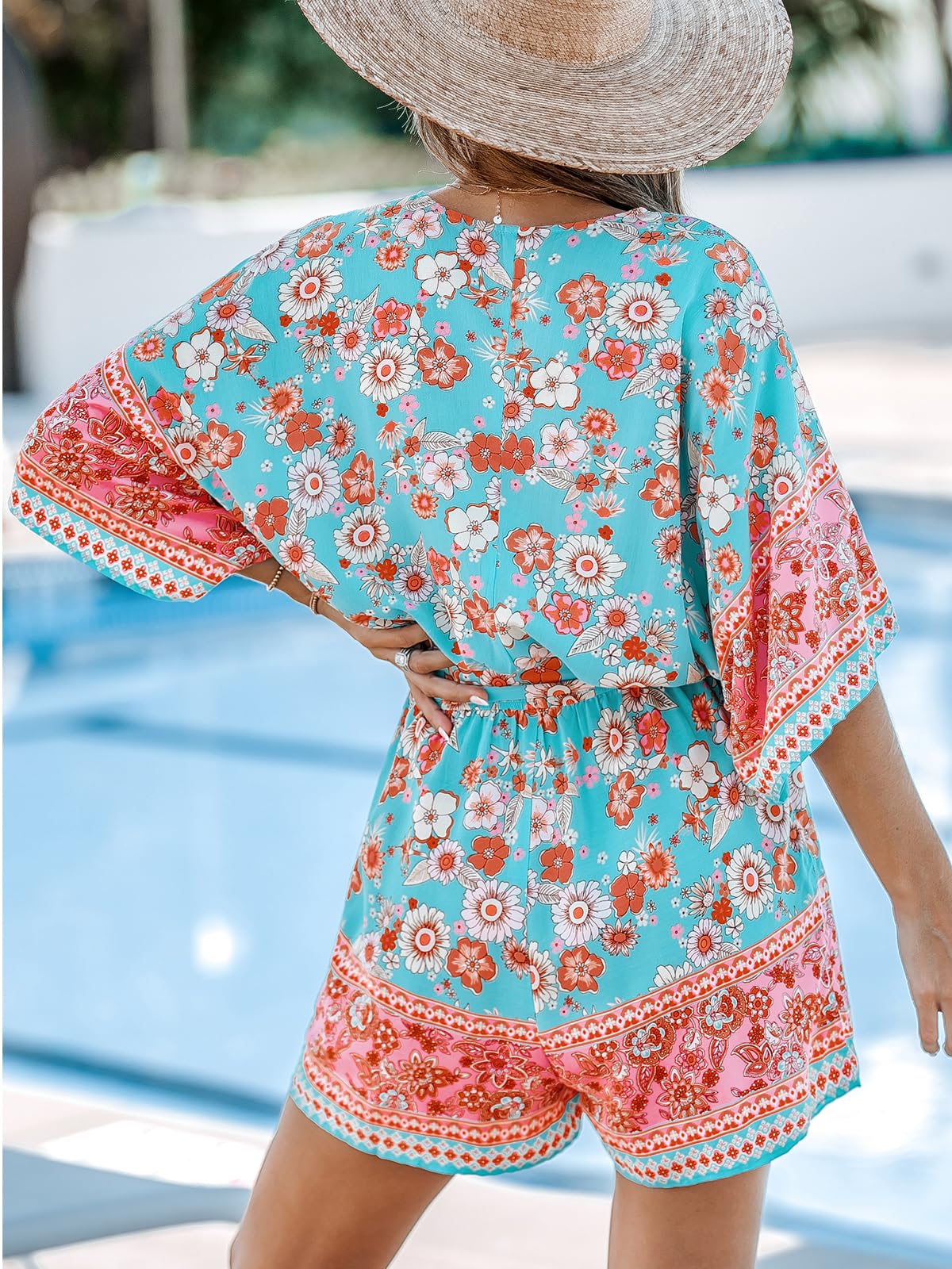 Women's Lace Up Print Romper Short Sleeves Jumpsuits Wide leg Outfit (buy 2 free shipping!!!)