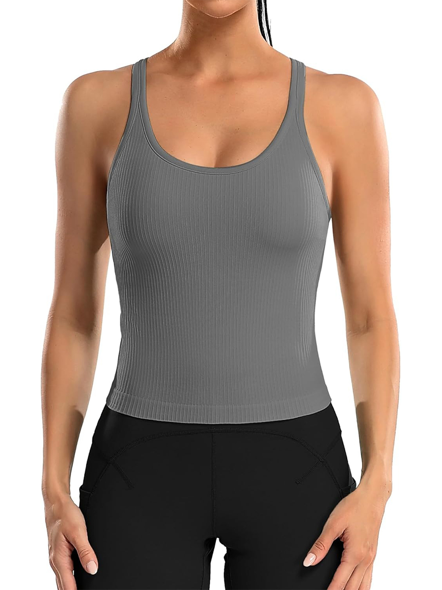 Women's Ribbed Workout Crop Racerback Tank Tops with Built in Bra