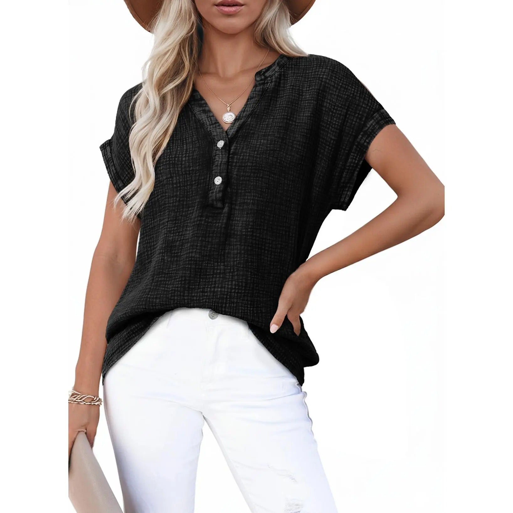 Women’s Summer Boho Tops Casual Button Short Sleeve V Neck Shirts Solid Cotton Blouses