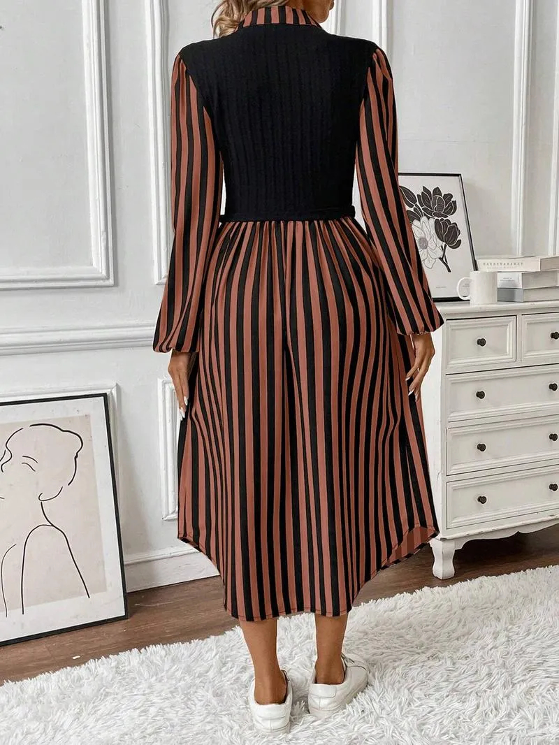 HOT SALE Women's Long Sleeve Striped Button Front Shirt Dress
