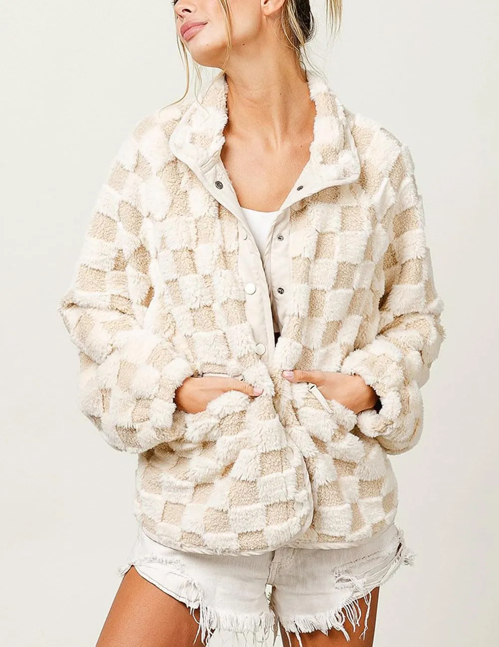 Women's Winter Casual Checkered Fleece Sherpa Jacket