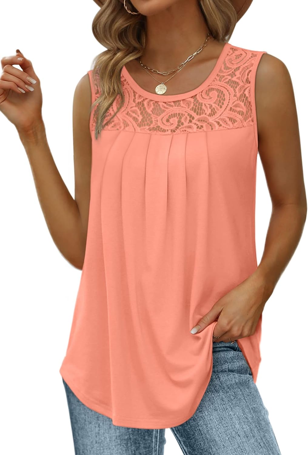 Women's Loose Fit Pleated Scoop Neck Sleeveless Lace Tank Tops (Buy 3 Free Shipping)