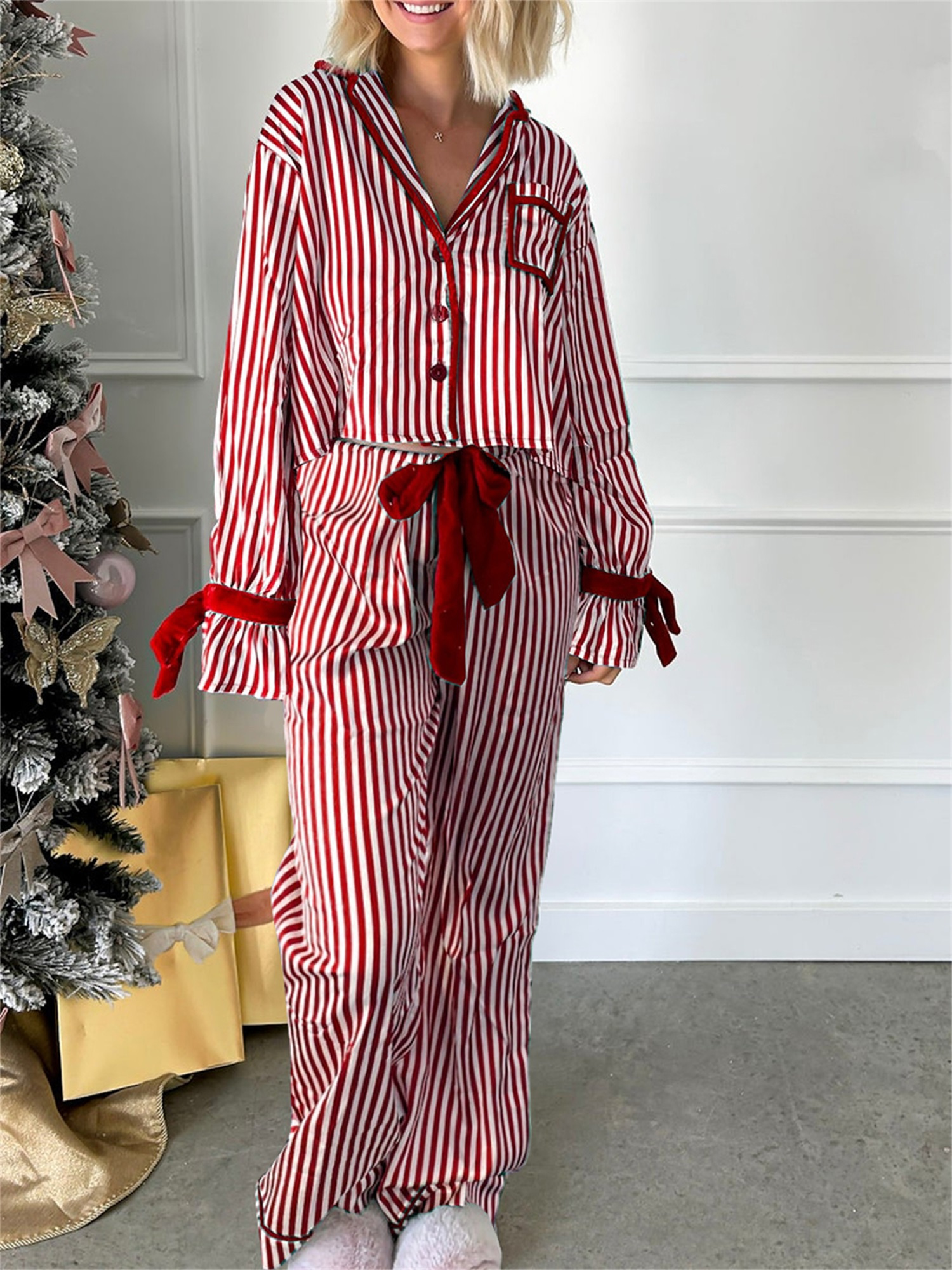 Women's Striped Button-up Crop Tops Bow Long Pants Pajama Set