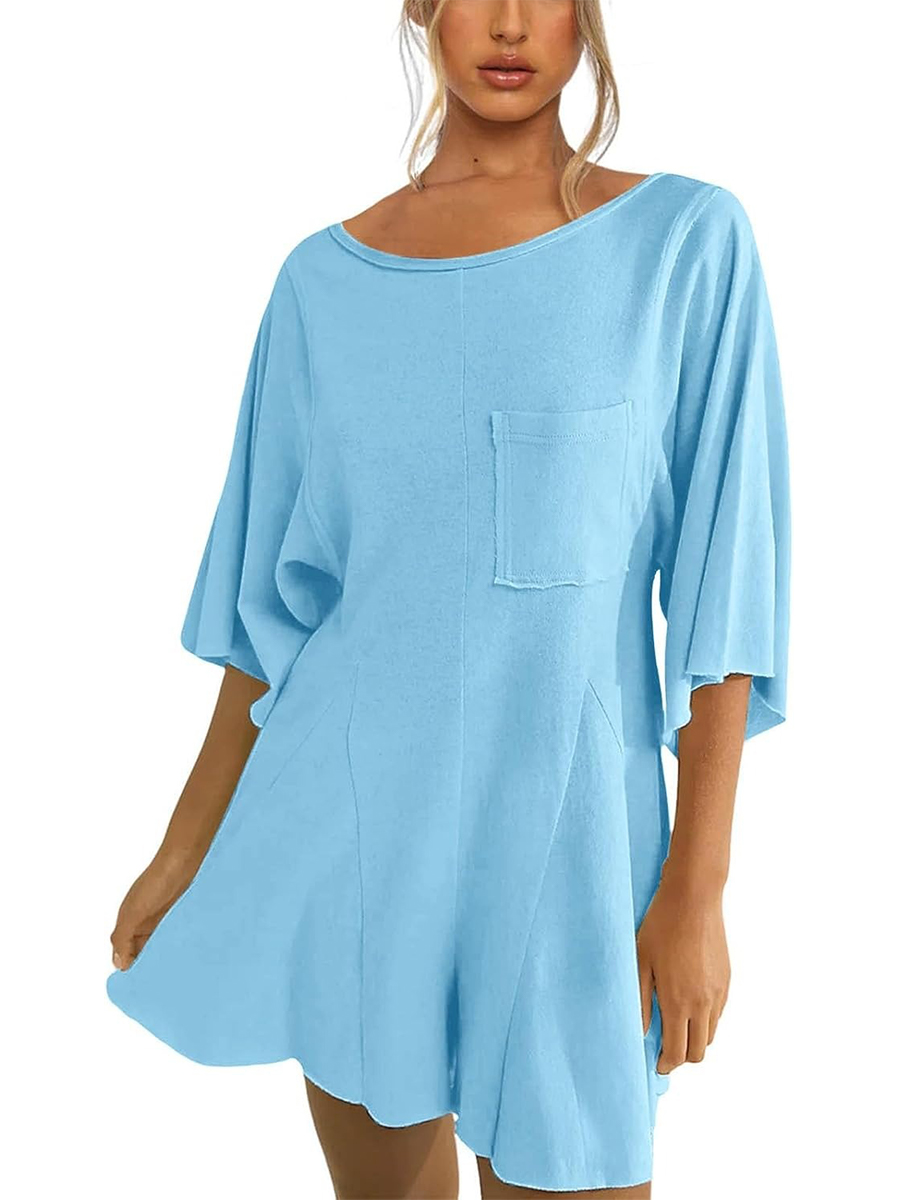 Women's Short Sleeve Loose Ruffled Short Romper Dress with Pocket