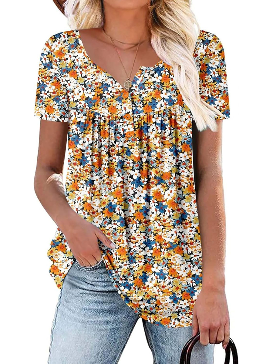 Women's Printed Botton Down Pleated Short Sleeve Shirts Tunic Tops