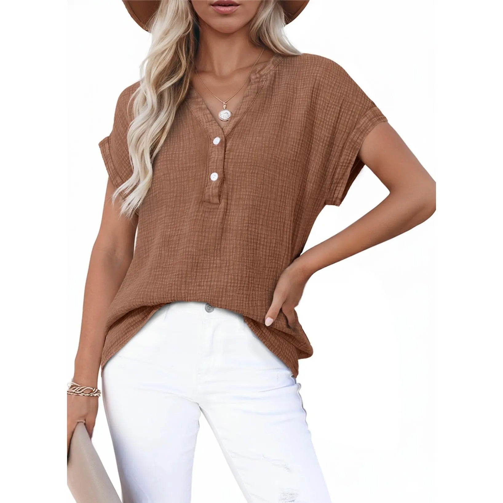 Women’s Summer Boho Tops Casual Button Short Sleeve V Neck Shirts Solid Cotton Blouses