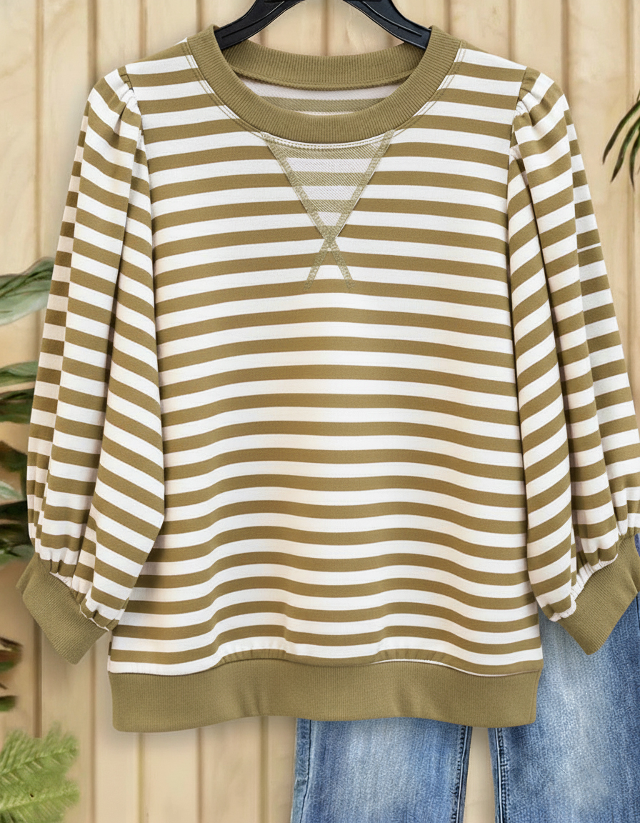 Women's Striped Puff Sleeve Sporty Round Neck Sweatshirt 