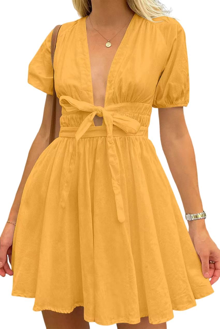 Women's Cute Summer Short Puff Sleeve Tie Mini Dress