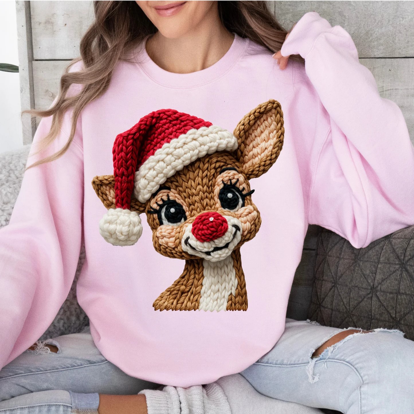 Red-Nosed Reindeer Santa Hat Print Christmas Sweatshirt