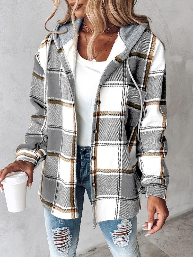 Women's Plaid Button Down Fleece Lined Hooded Jackets Warm Coat