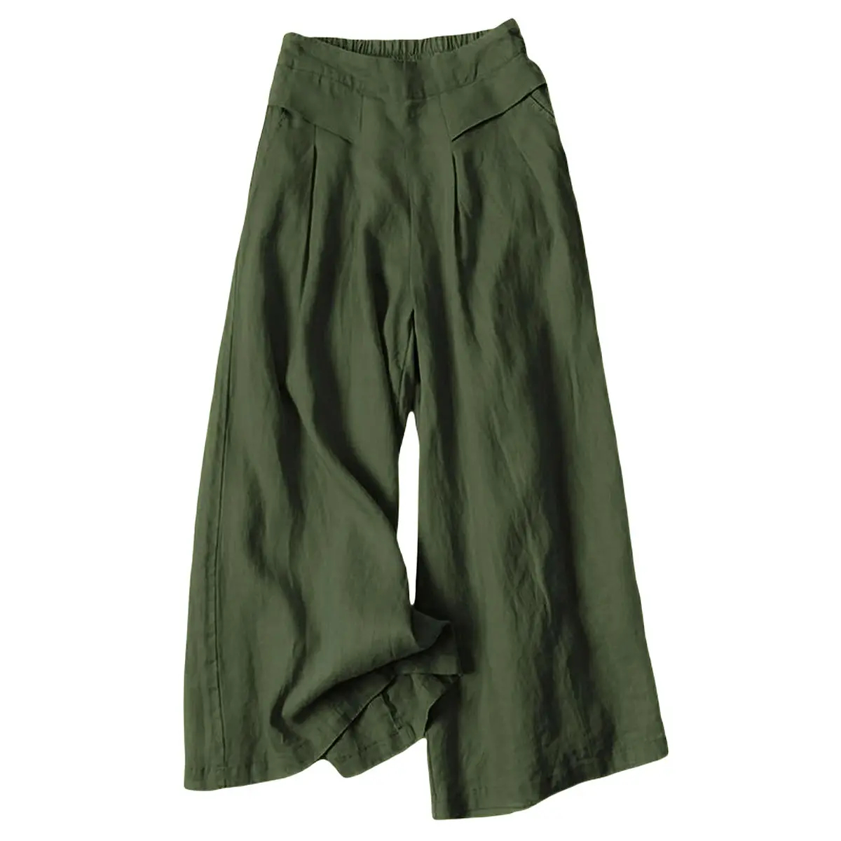 Women's Cotton Linen Culottes Pants Elastic Waist Wide Leg Palazzo Trousers